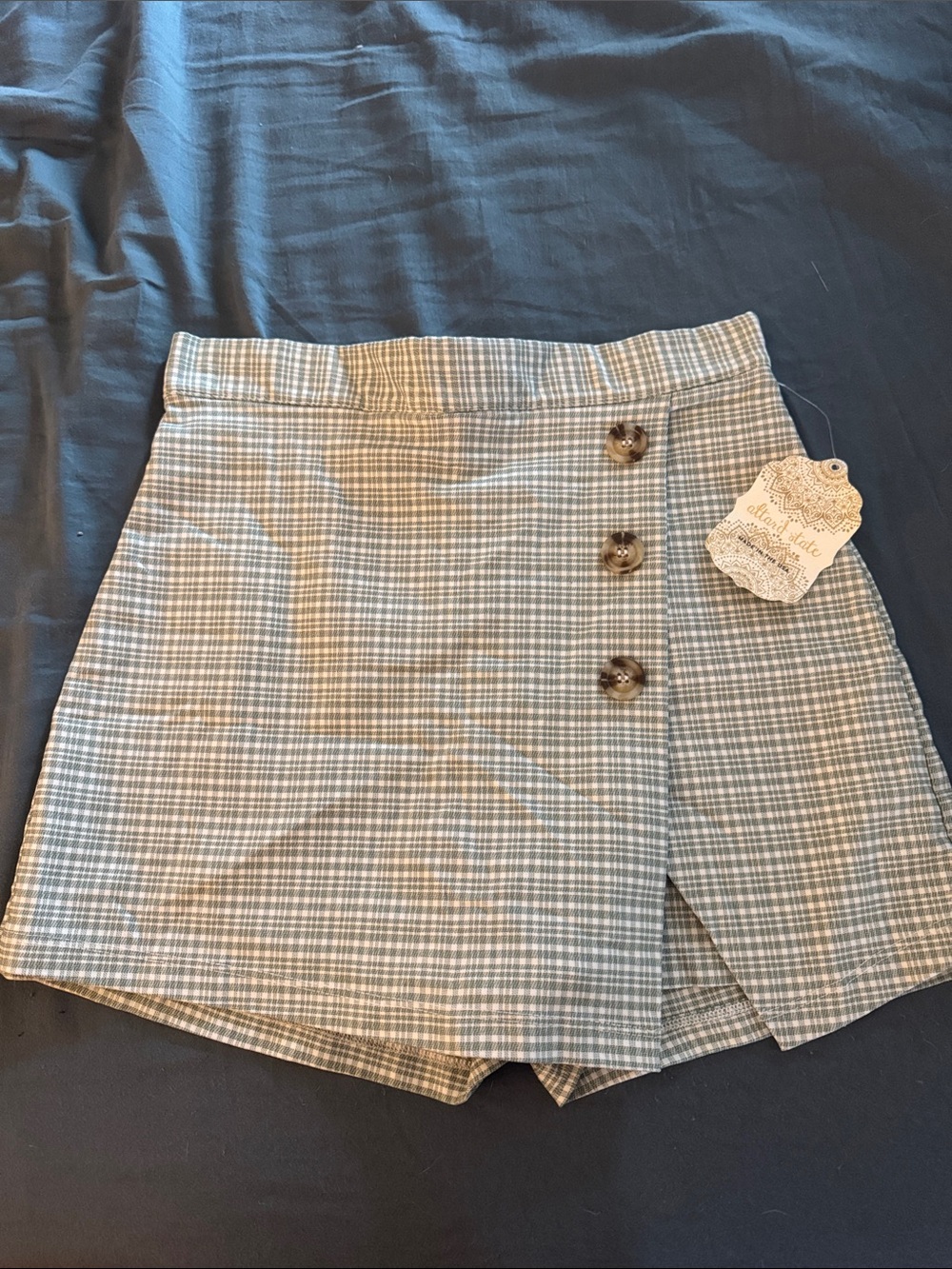 Altar'd State Green Ivory Plaid Wrap Skort with Button Detail